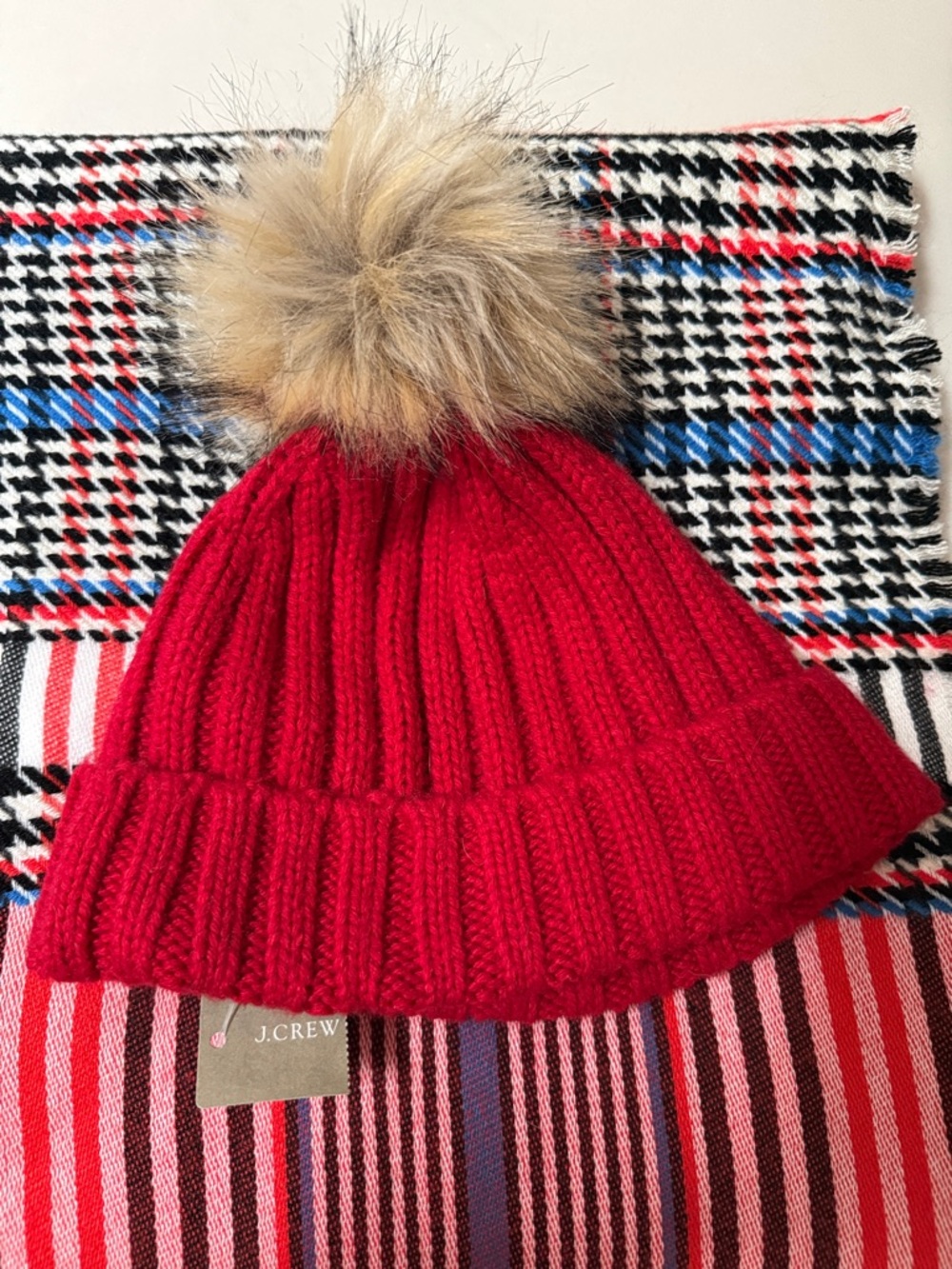J. Crew Red Ribbed Knit Beanie with Tan Faux Fur Pom